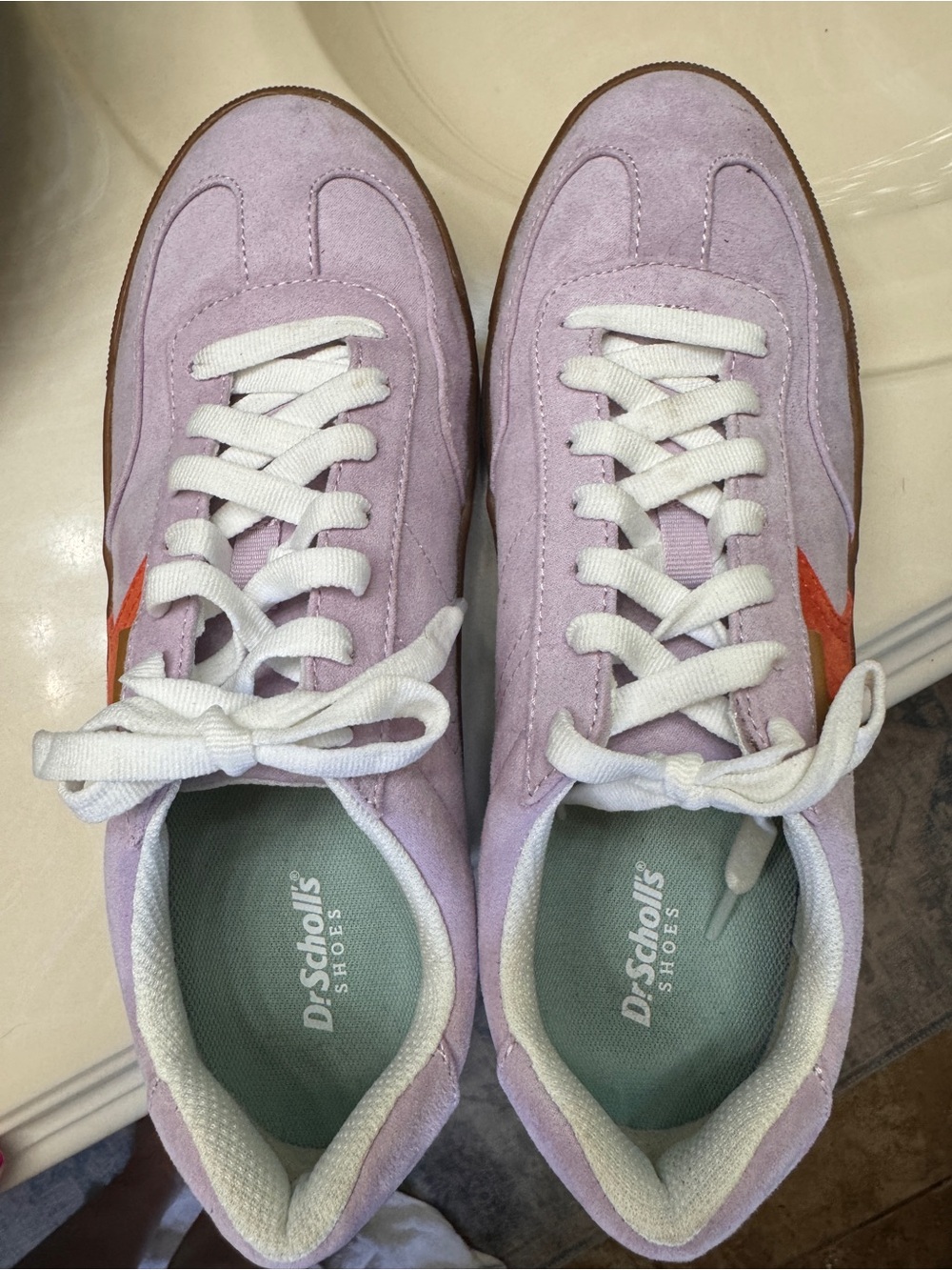 Dr. Scholl's Lavender Suede Sneakers with Orange Accent and White Laces  8.5